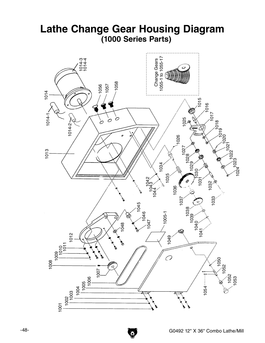 Grizzly owner manual Lathe Change Gear Housing Diagram 1000 Series Parts, G0492 12 X 36 Combo Lathe/Mill 