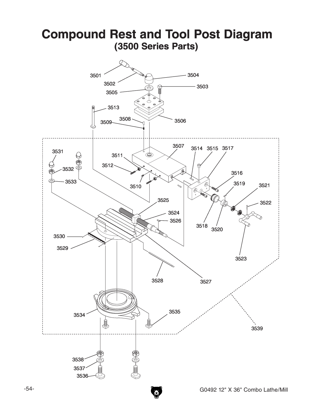Grizzly G0492 owner manual Compound Rest and Tool Post Diagram, Series Parts 