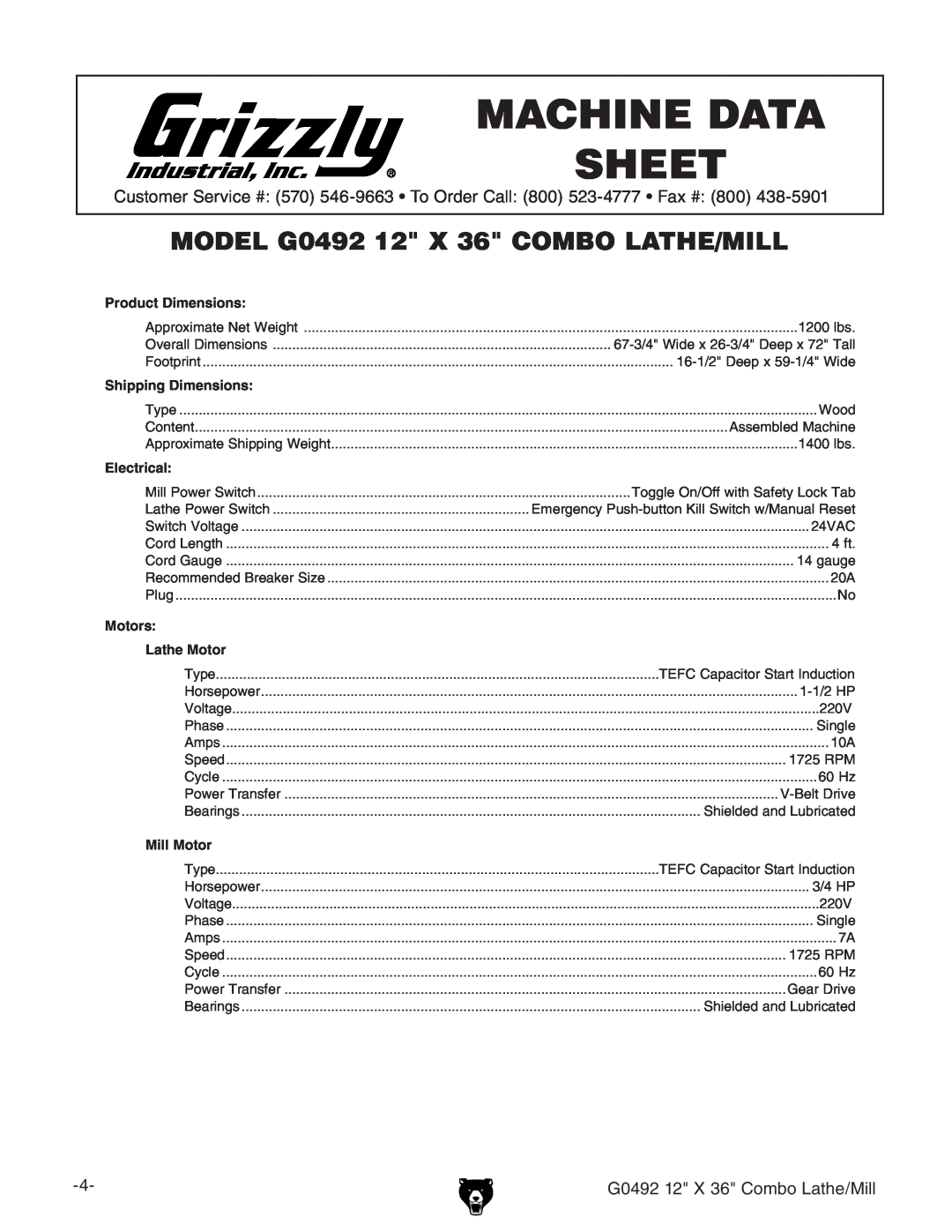 Grizzly Machine Data Sheet, MODEL G0492 12 X 36 COMBO LATHE/MILL, Product Dimensions, Shipping Dimensions, Electrical 