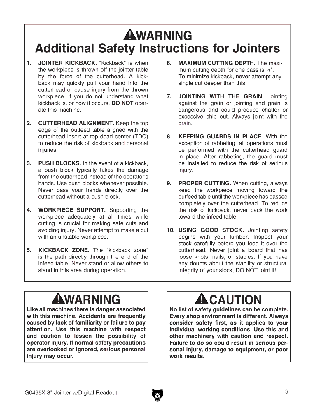 Grizzly G0495X owner manual Additional Safety Instructions for Jointers 