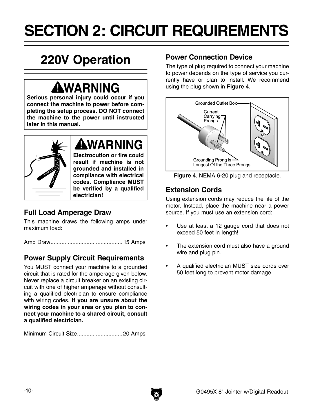 Grizzly G0495X owner manual Circuit Requirements, 220V Operation 