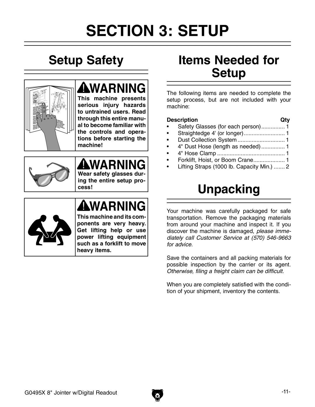 Grizzly G0495X owner manual Setup Safety, Items Needed for Setup, Unpacking, Description Qty 