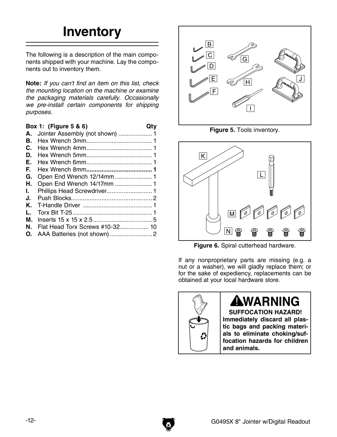 Grizzly G0495X owner manual Inventory, Box 1 Qty 