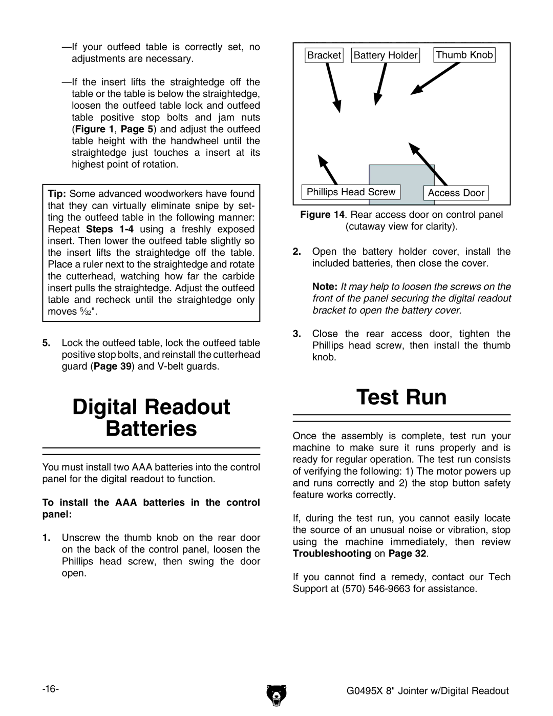 Grizzly G0495X owner manual Digital Readout Batteries, Test Run, To install the AAA batteries in the control panel 