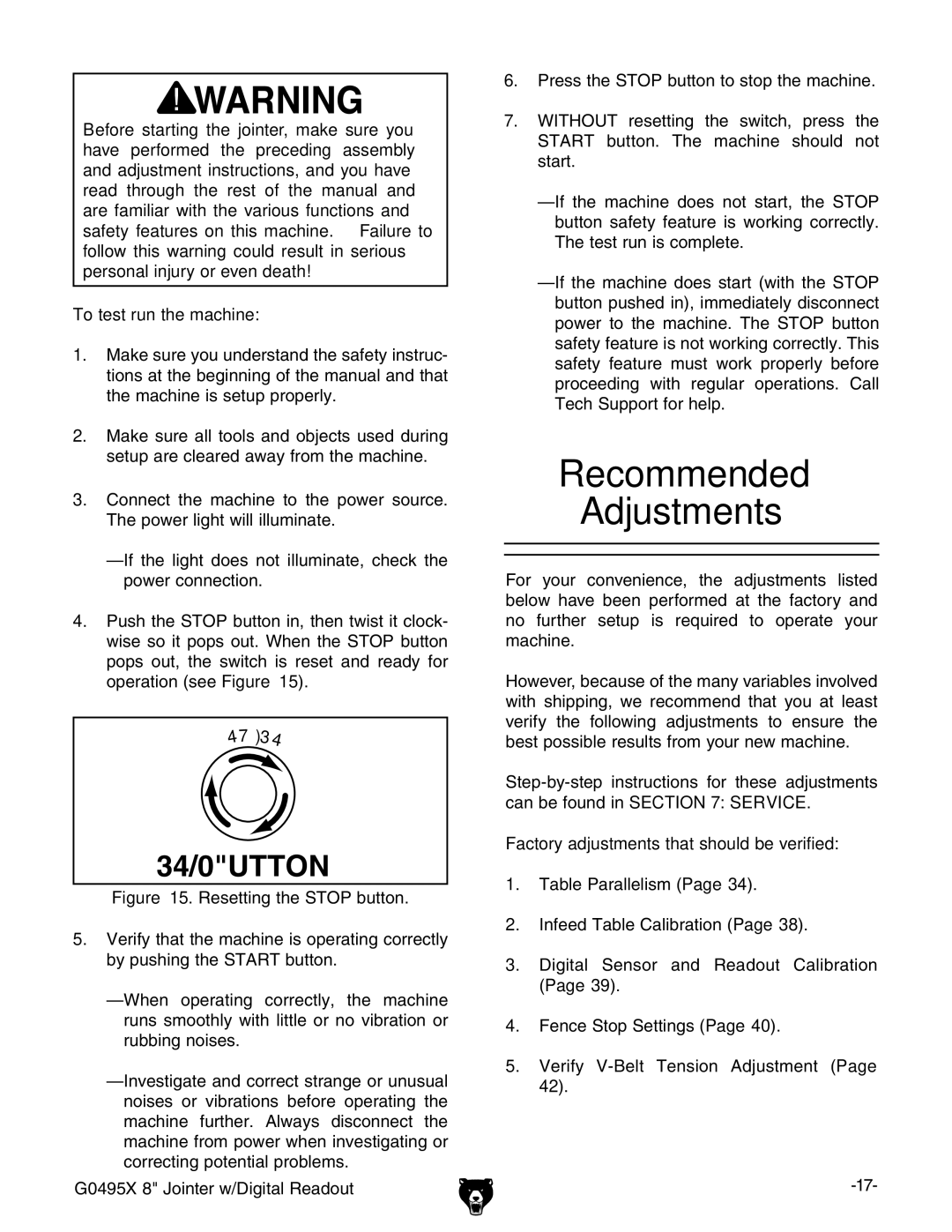 Grizzly G0495X owner manual Recommended Adjustments, Factory adjustments that should be verified 