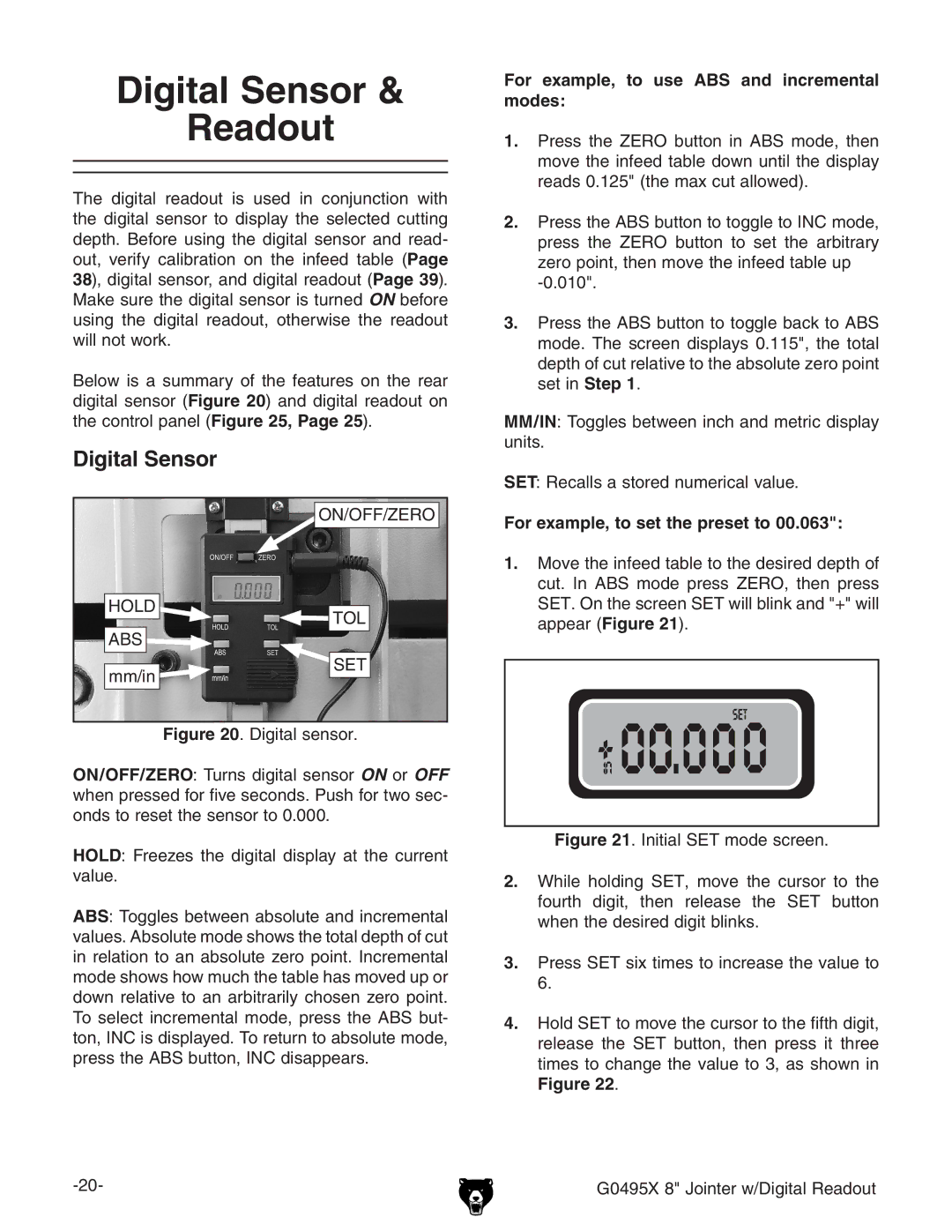 Grizzly G0495X owner manual Digital Sensor Readout 