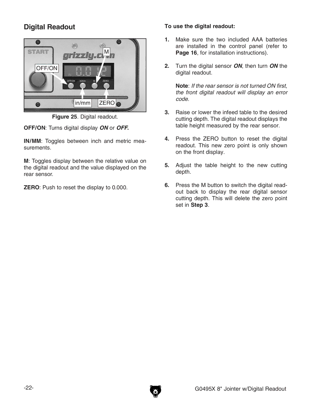 Grizzly G0495X owner manual Digital Readout, To use the digital readout 