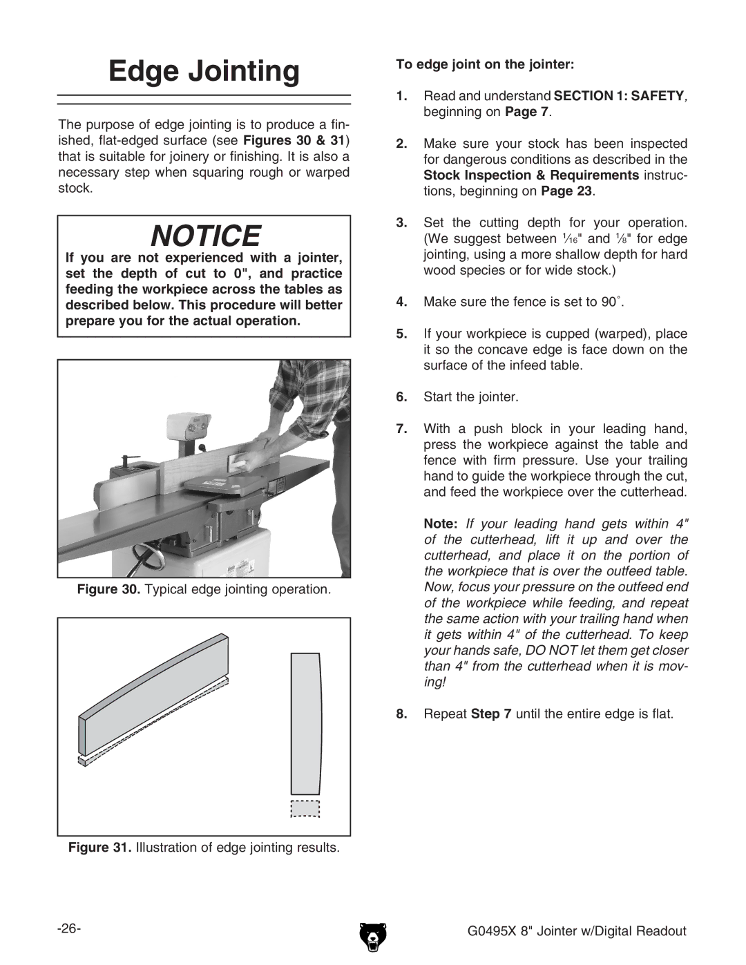 Grizzly G0495X owner manual Edge Jointing, To edge joint on the jointer 