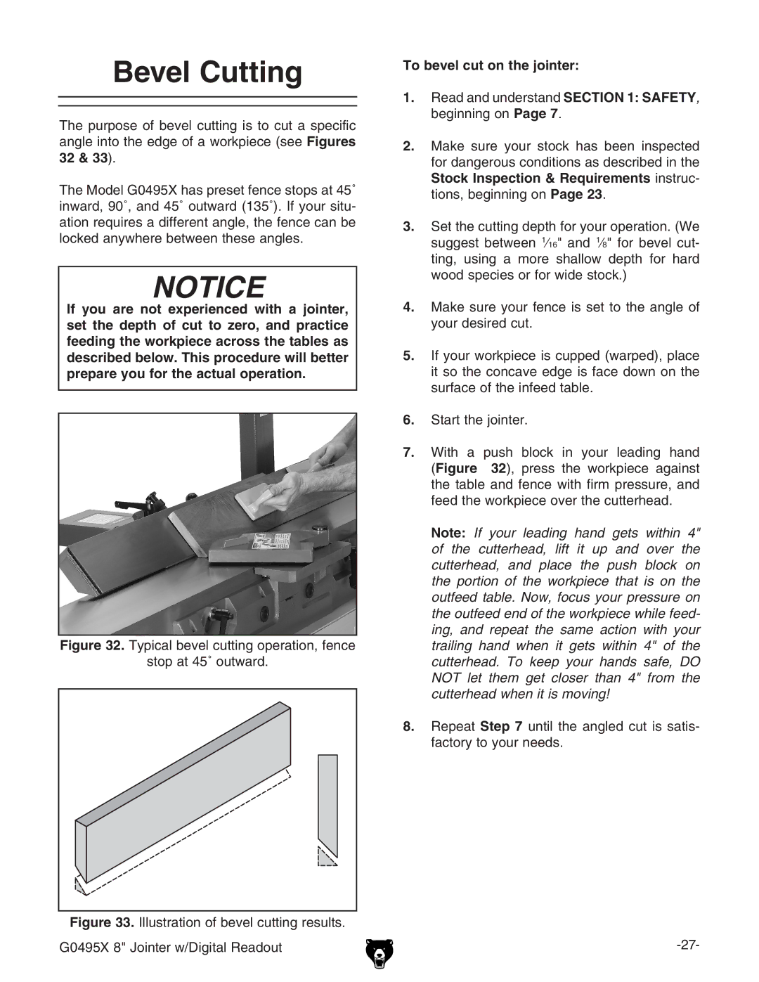 Grizzly G0495X owner manual Bevel Cutting, To bevel cut on the jointer 