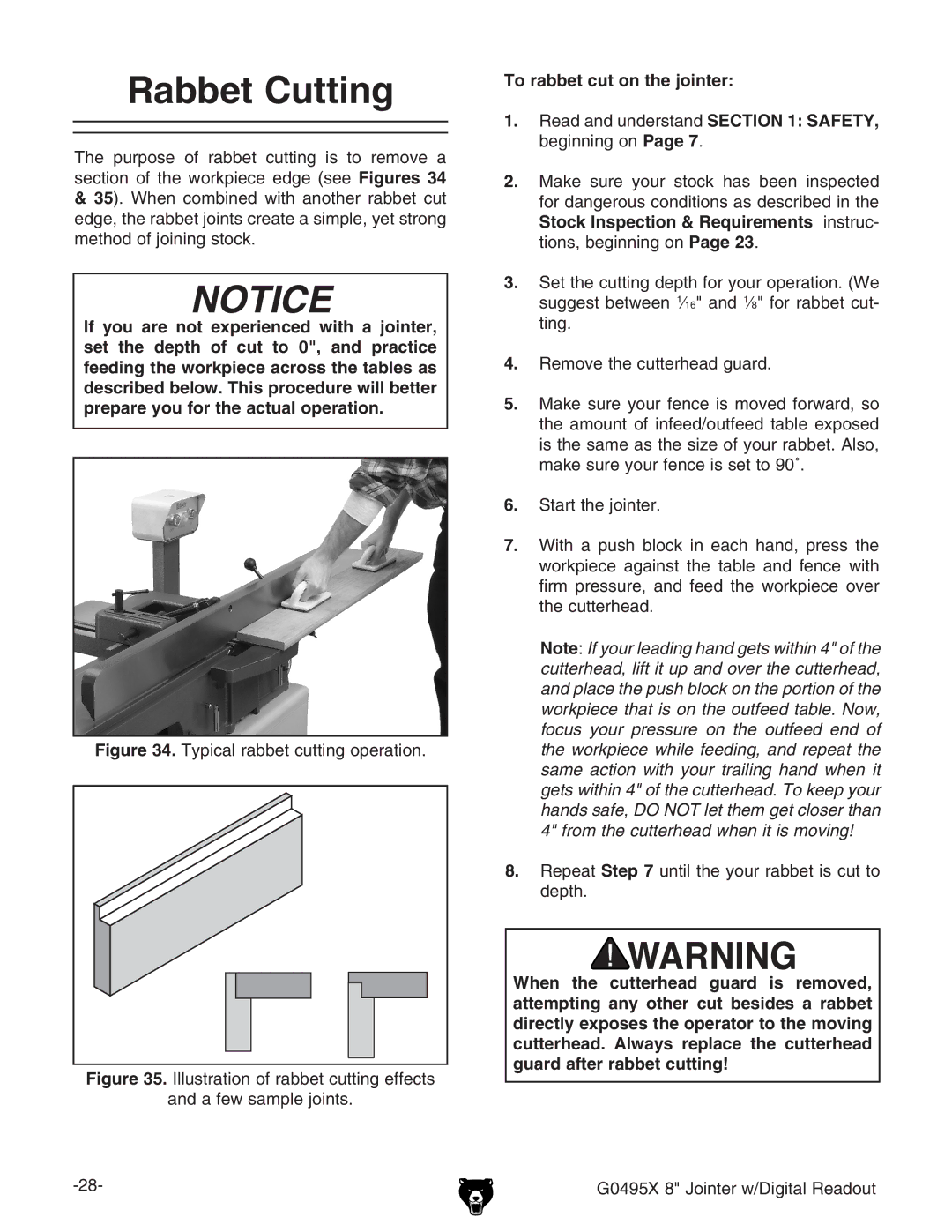 Grizzly G0495X owner manual Rabbet Cutting, To rabbet cut on the jointer 