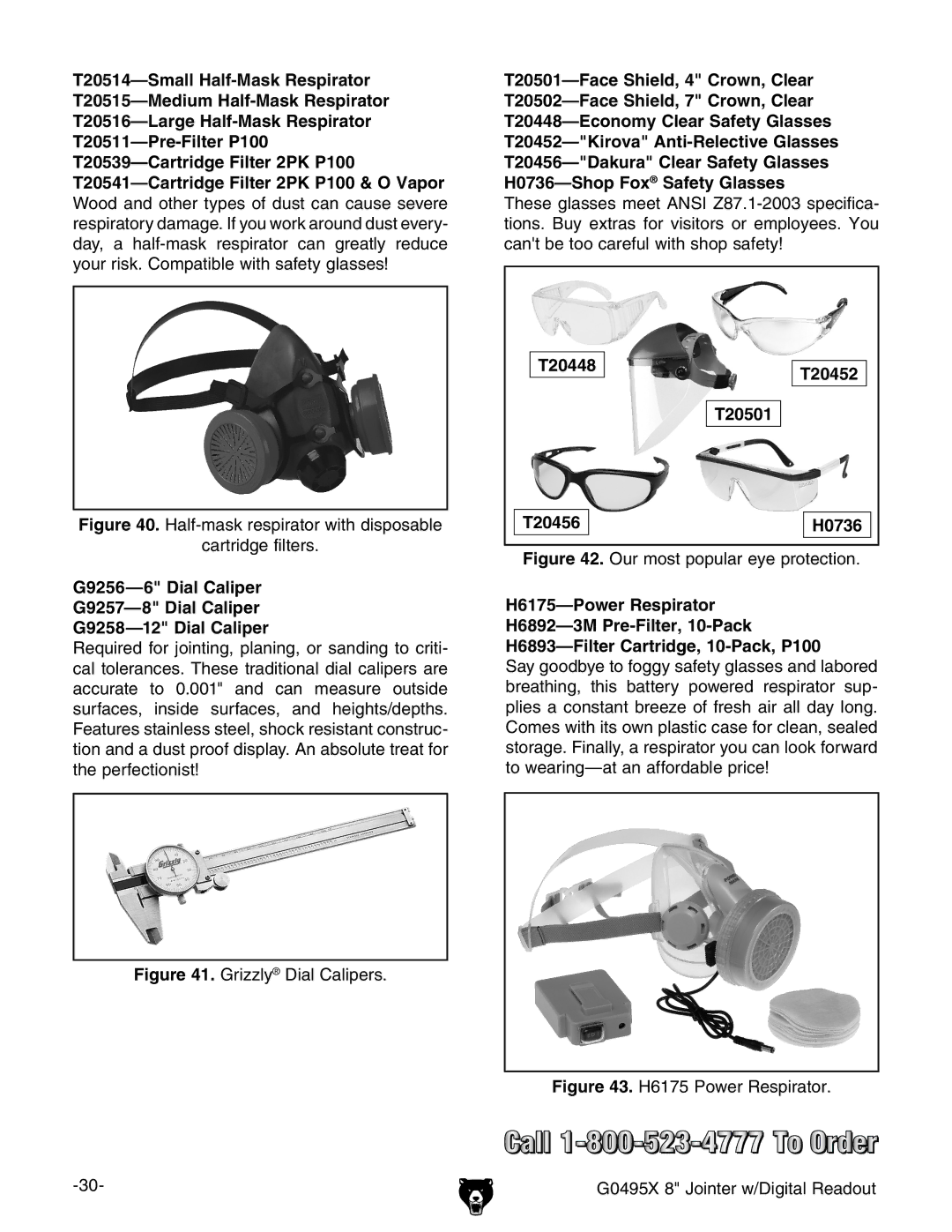 Grizzly G0495X owner manual Half-mask respirator with disposable Cartridge filters, T20448T20452 T20501 T20456 H0736 