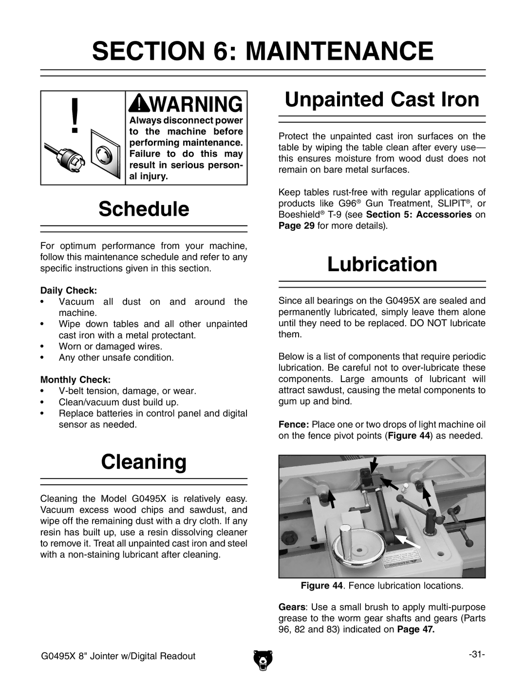 Grizzly G0495X owner manual Maintenance, Schedule, Cleaning, Unpainted Cast Iron, Lubrication 