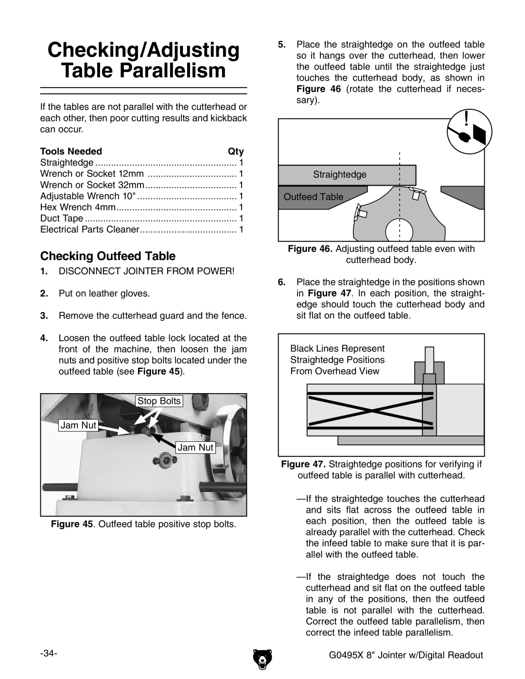 Grizzly G0495X owner manual Checking/Adjusting Table Parallelism, Checking Outfeed Table, Tools Needed Qty 