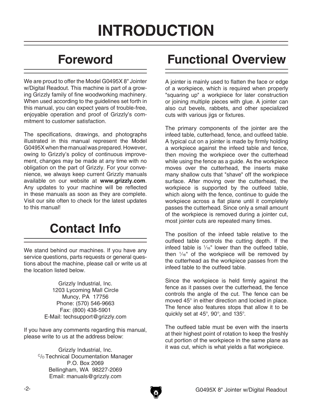 Grizzly G0495X owner manual Introduction, Foreword Functional Overview, Contact Info 