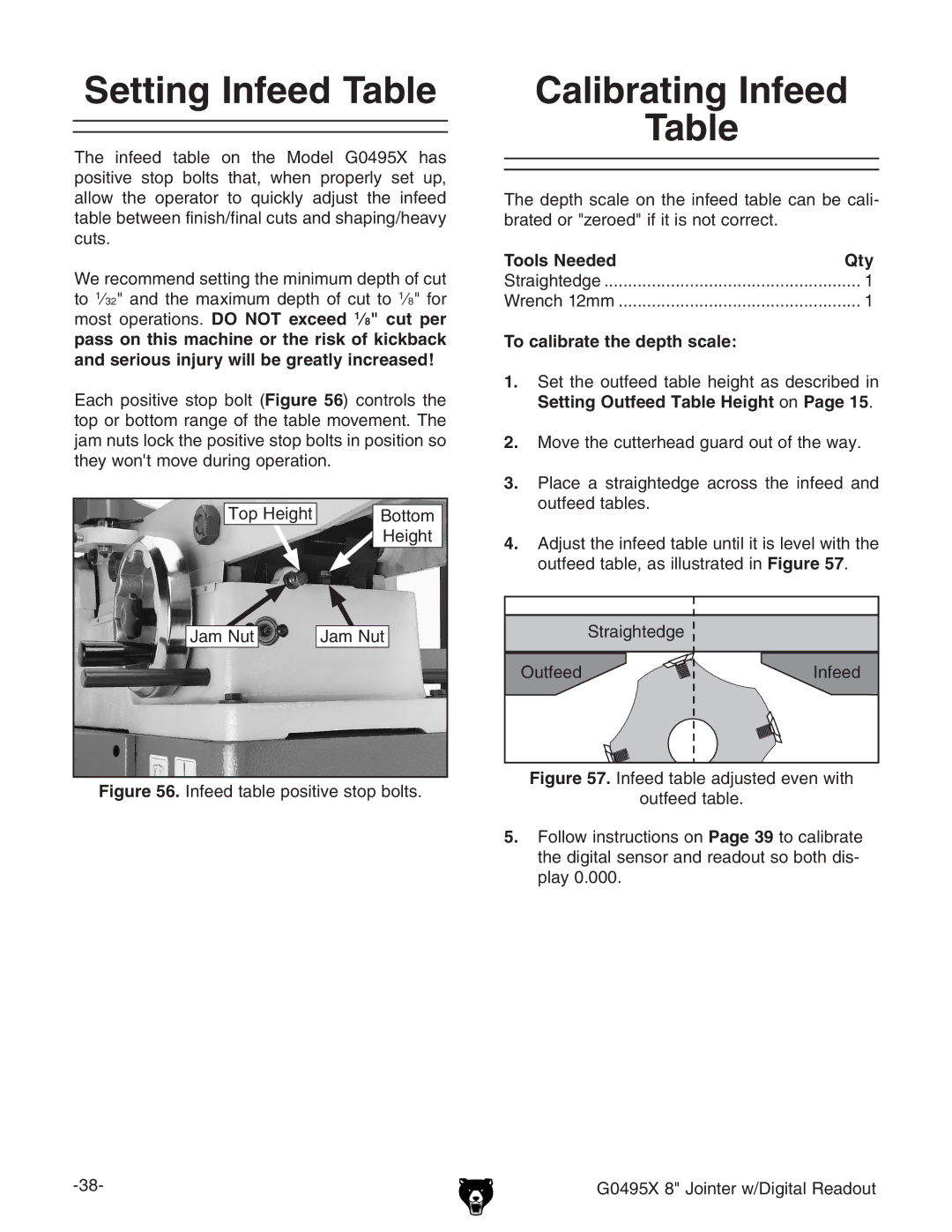 Grizzly G0495X Setting Infeed Table, Calibrating Infeed, To calibrate the depth scale, Setting Outfeed Table Height on 