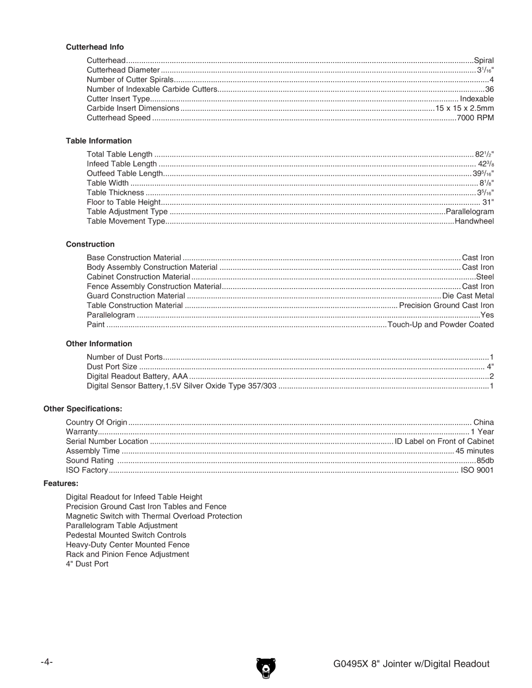 Grizzly G0495X owner manual Cutterhead Info 