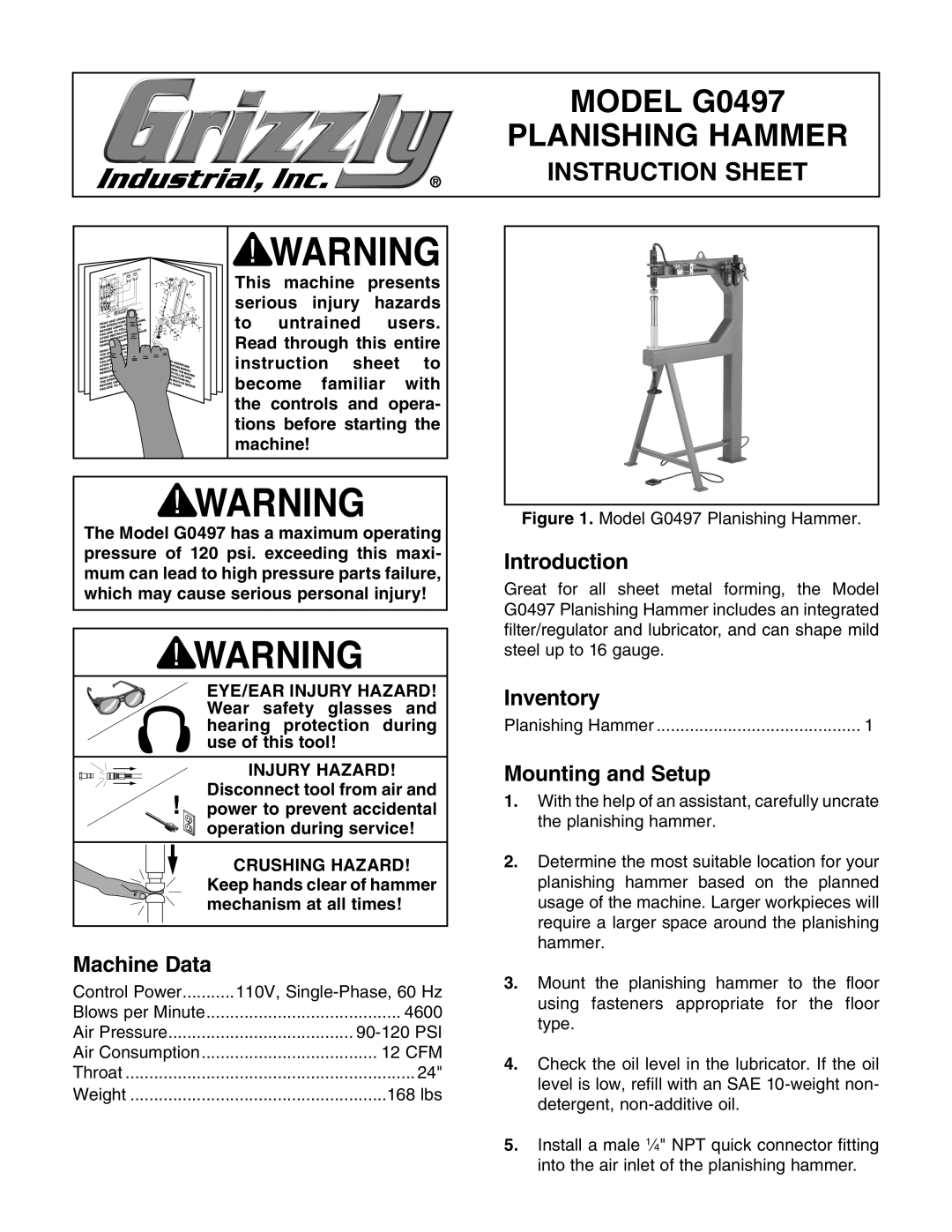 Grizzly G0497 instruction sheet Machine Data, Introduction, Inventory, Mounting and Setup 