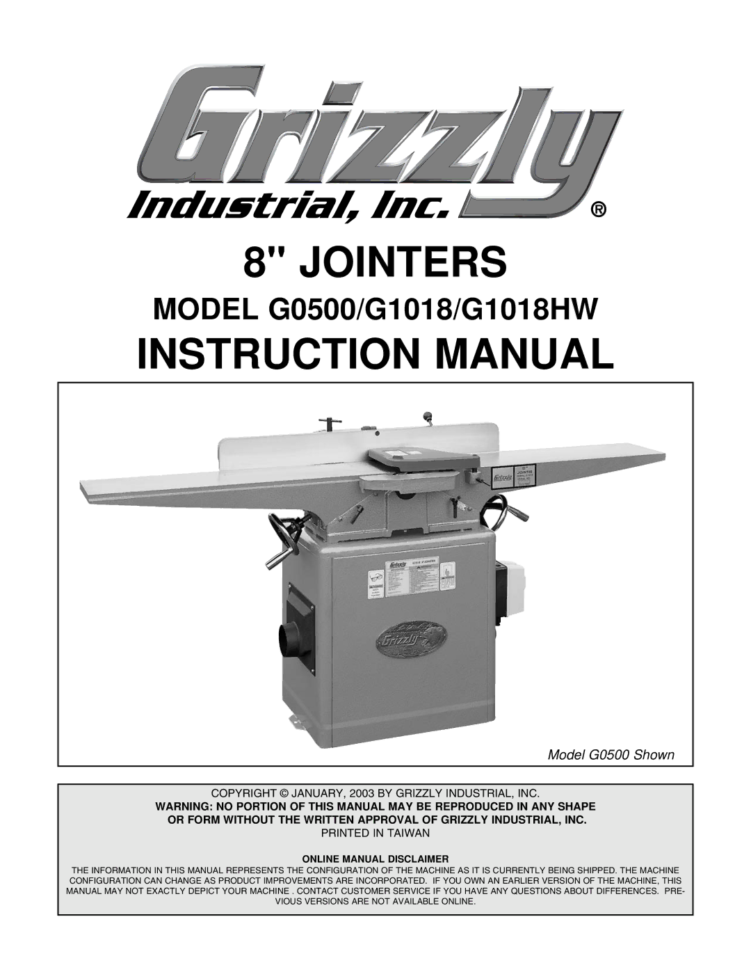 Grizzly instruction manual Jointers, Model G0500/G1018/G1018HW 