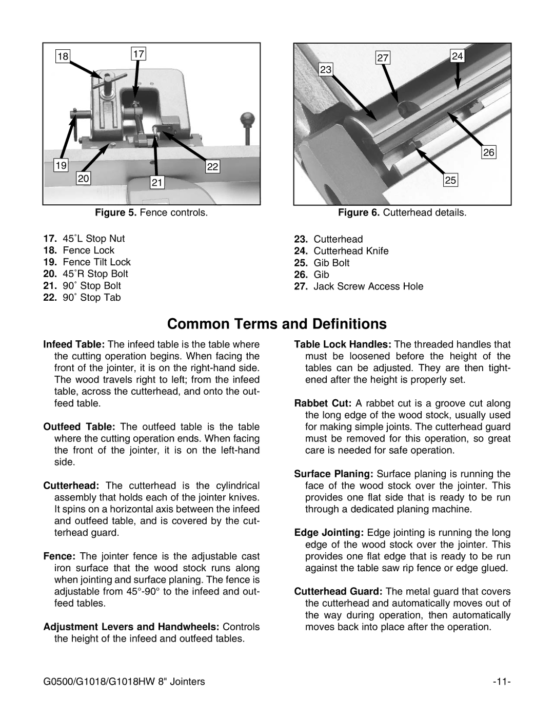 Grizzly G0500 instruction manual Common Terms and Definitions 