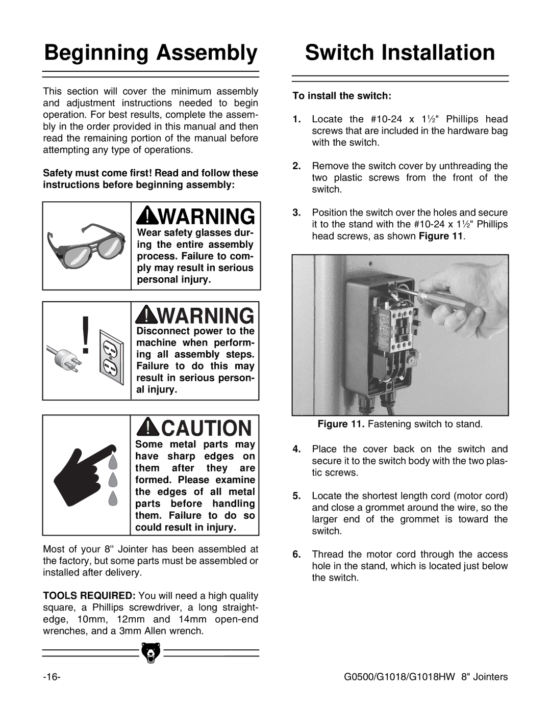 Grizzly G0500 instruction manual Beginning Assembly, Switch Installation, To install the switch 