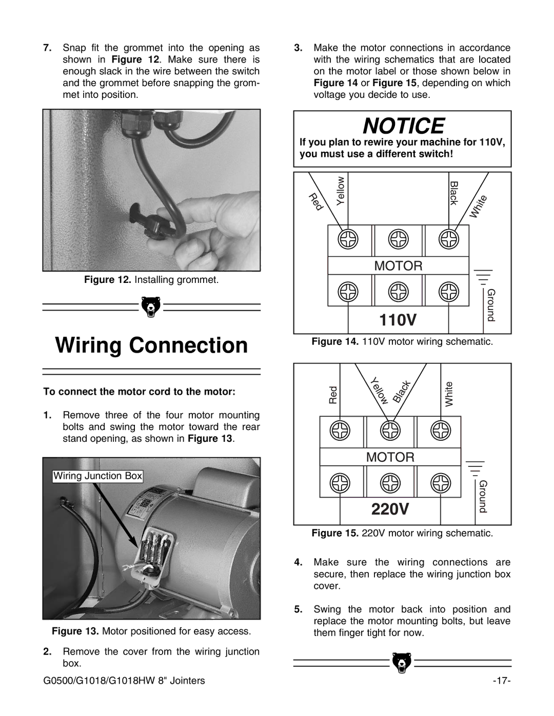 Grizzly G0500 instruction manual Wiring Connection, To connect the motor cord to the motor 