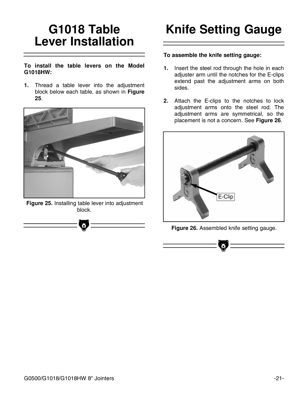 Grizzly G0500 G1018 Table Lever Installation, Knife Setting Gauge, To install the table levers on the Model G1018HW 