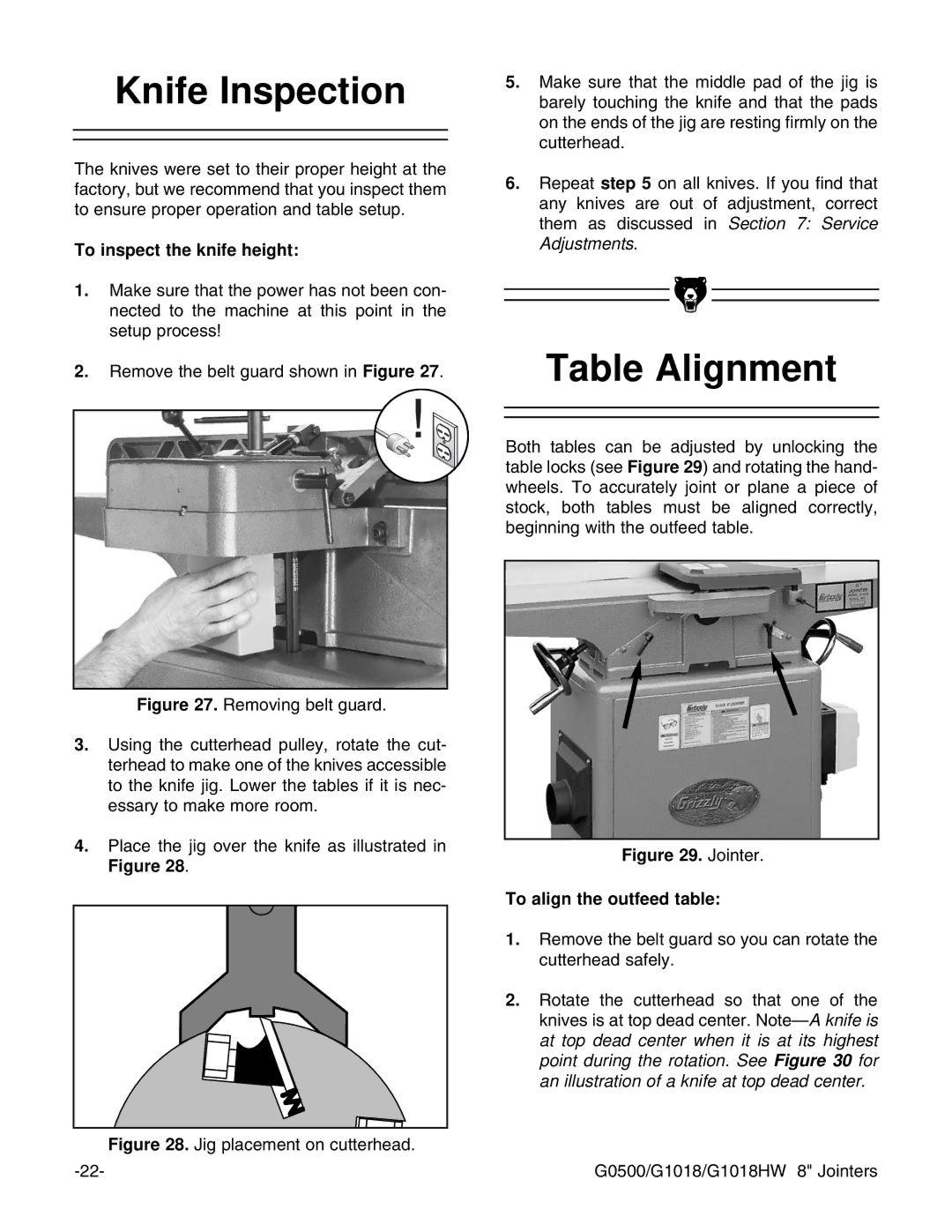 Grizzly G0500 instruction manual Knife Inspection, Table Alignment, To inspect the knife height 