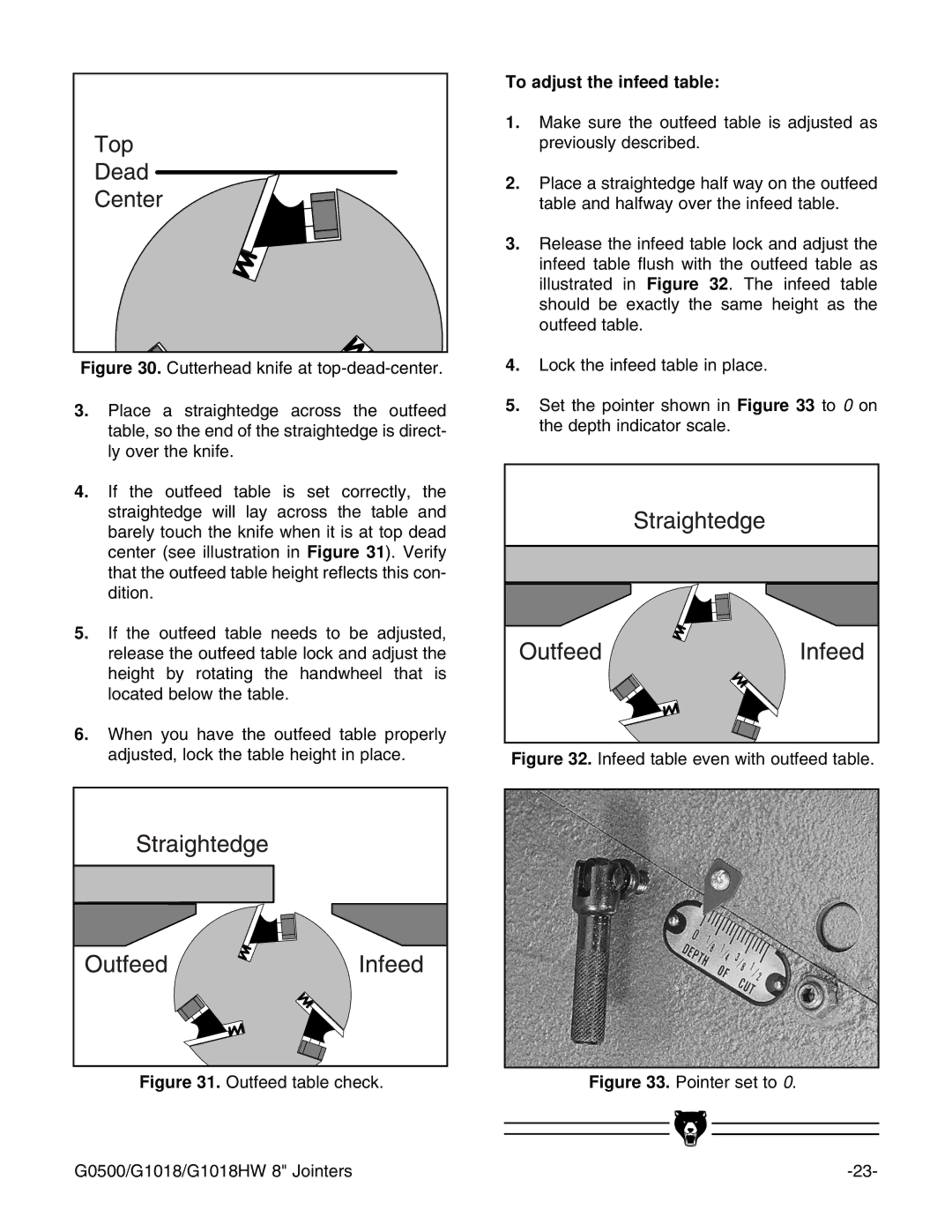 Grizzly G0500 instruction manual Outfeed table check, To adjust the infeed table 