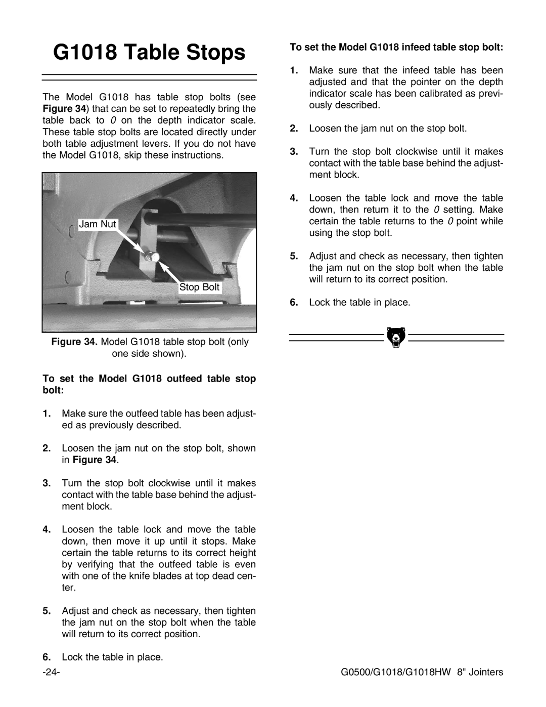 Grizzly G0500 instruction manual G1018 Table Stops, To set the Model G1018 outfeed table stop bolt 