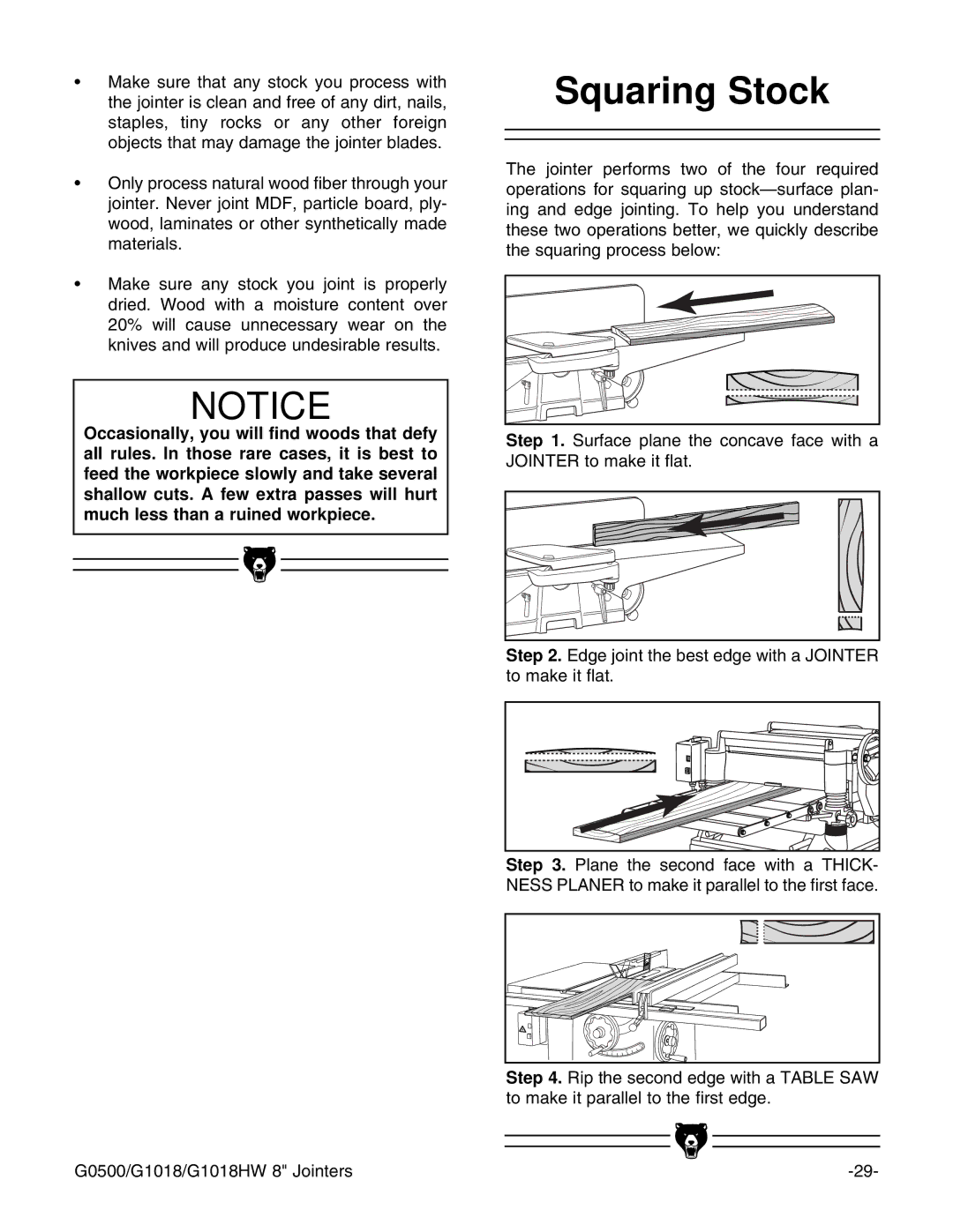 Grizzly G0500 instruction manual Squaring Stock 