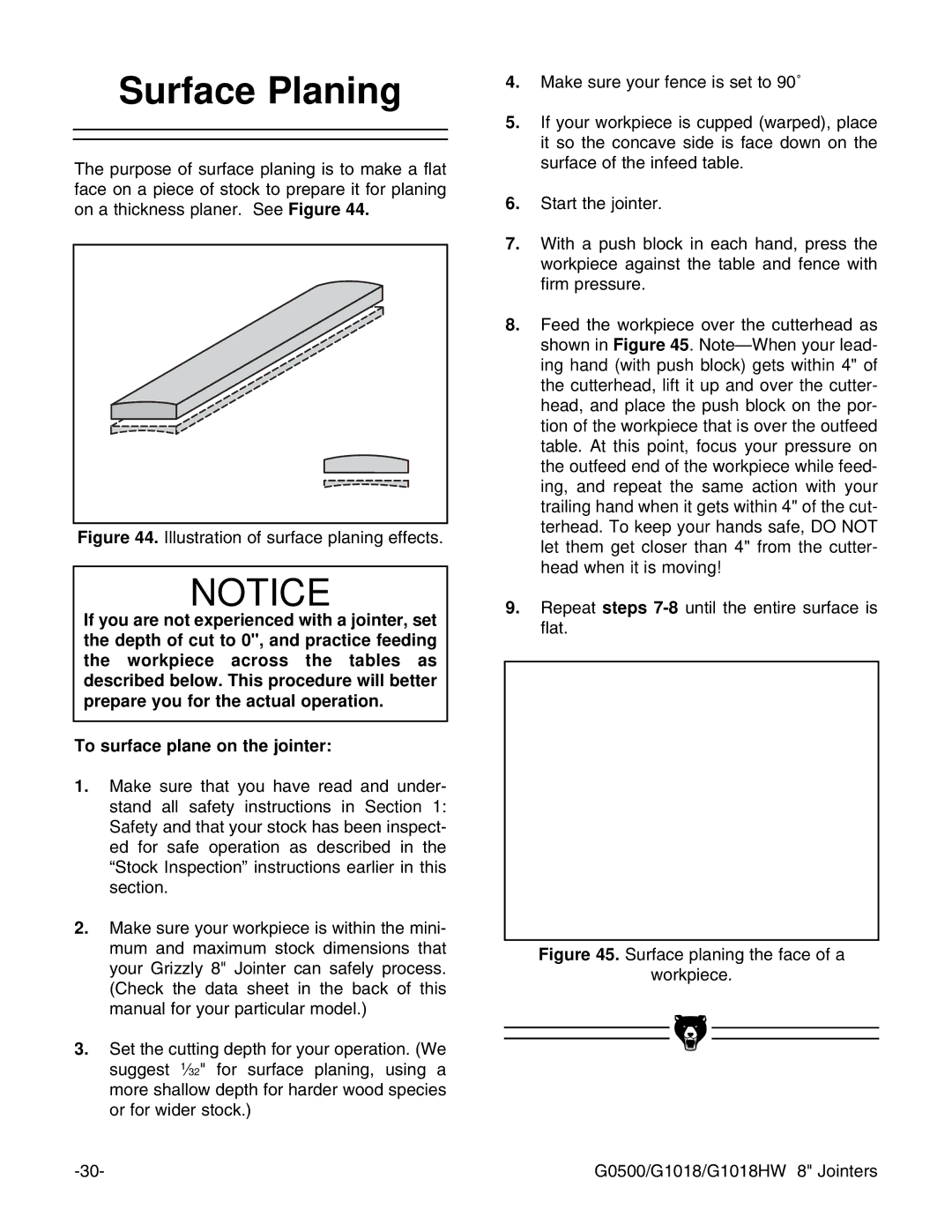 Grizzly G0500 instruction manual Surface Planing, Illustration of surface planing effects 