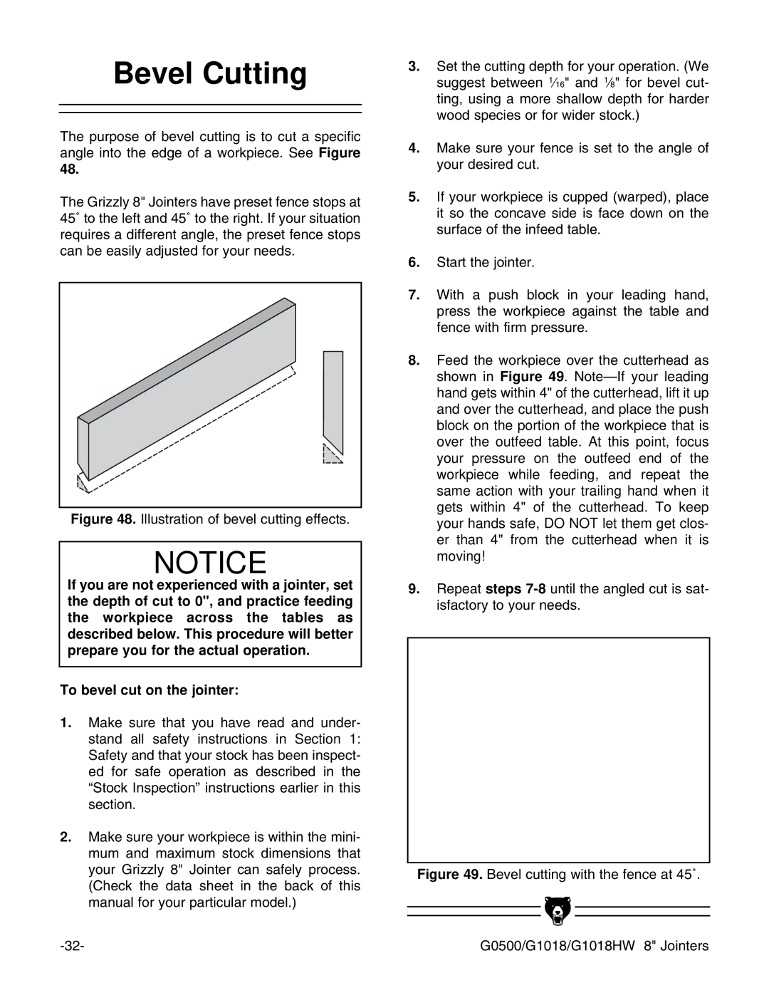 Grizzly G0500 instruction manual Bevel Cutting, Illustration of bevel cutting effects 