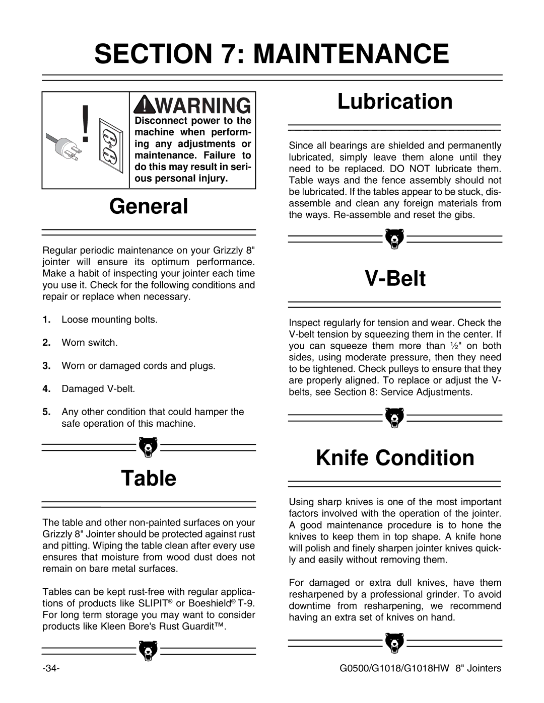 Grizzly G0500 instruction manual Maintenance, General, Lubrication, Knife Condition 