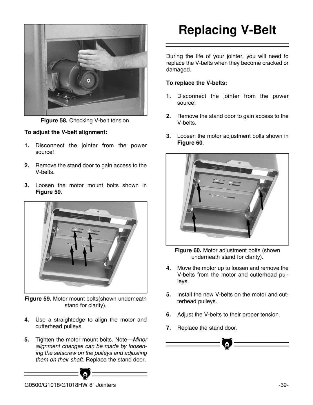 Grizzly G0500 instruction manual Replacing V-Belt, To adjust the V-belt alignment, To replace the V-belts 