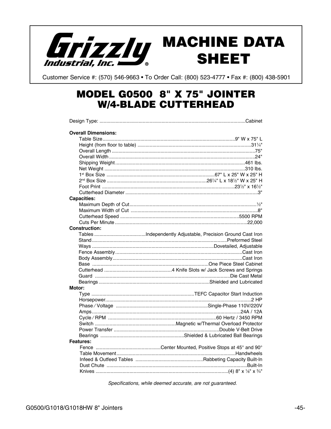 Grizzly G0500 instruction manual Machine Data Sheet 