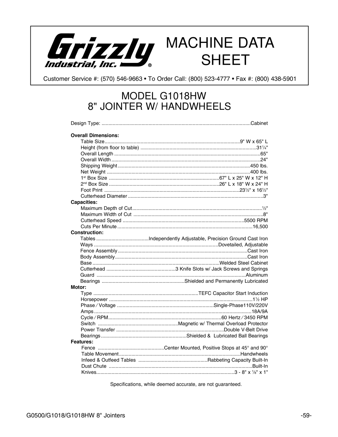 Grizzly G0500 instruction manual Model G1018HW Jointer W/ Handwheels 