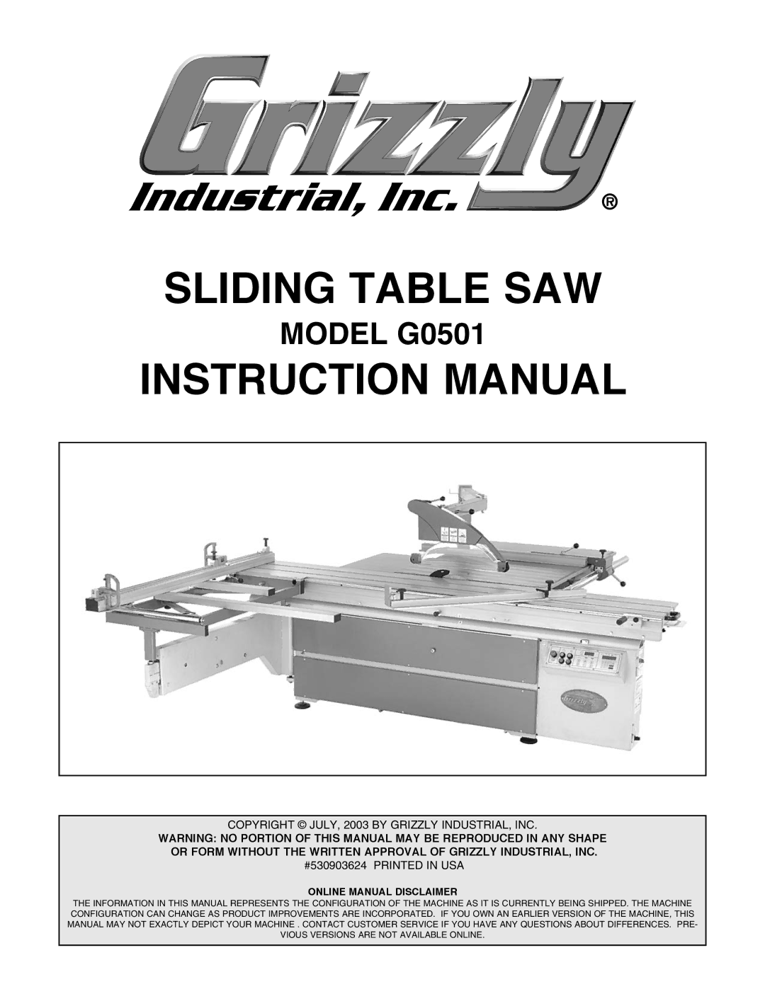 Grizzly G0501 instruction manual Sliding Table SAW 