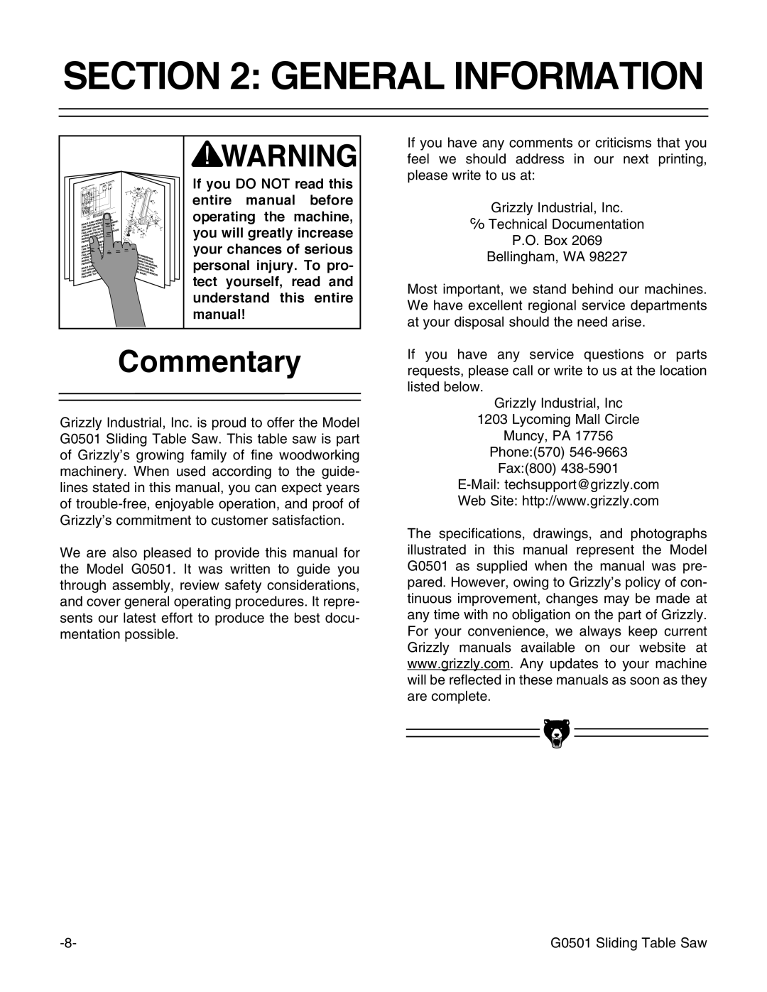 Grizzly G0501 instruction manual General Information, Commentary 