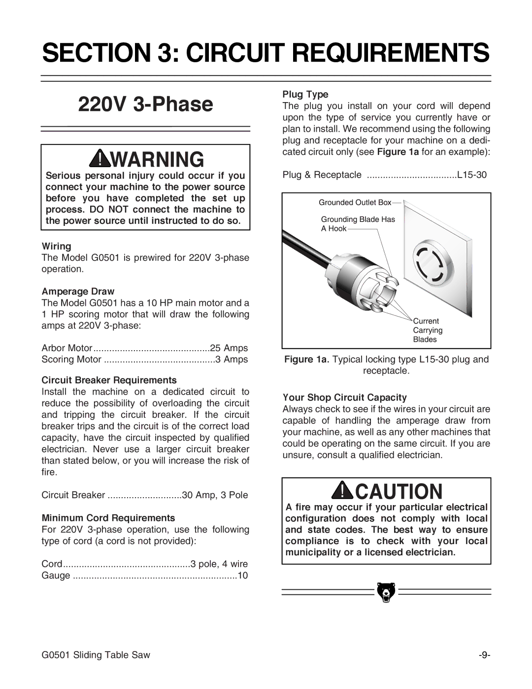 Grizzly G0501 instruction manual Circuit Requirements, 220V 3-Phase 