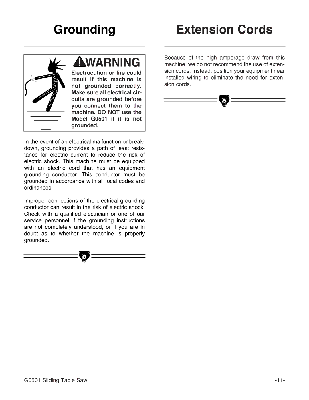 Grizzly G0501 instruction manual Grounding Extension Cords 