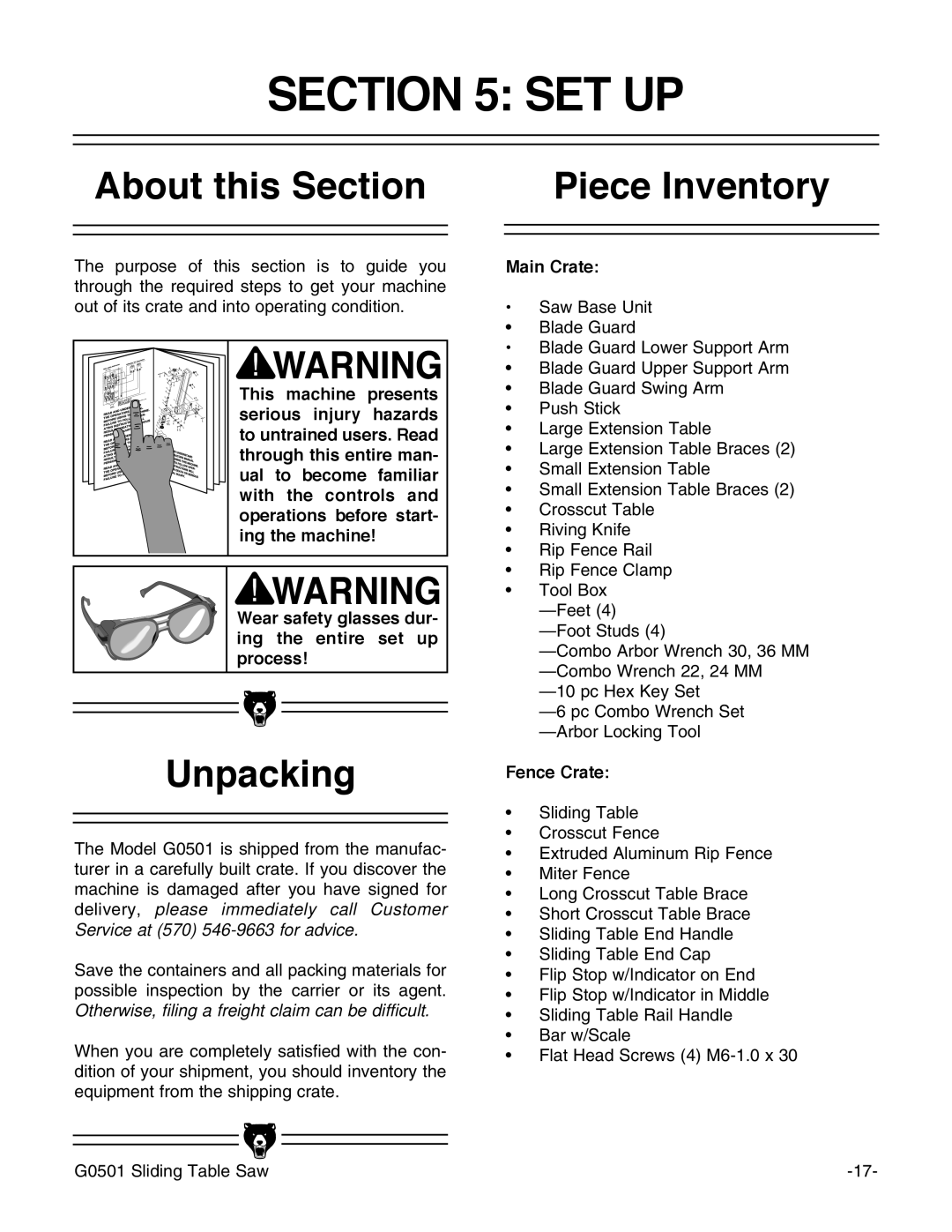 Grizzly G0501 instruction manual Set Up, About this Section Piece Inventory, Unpacking, Main Crate, Fence Crate 