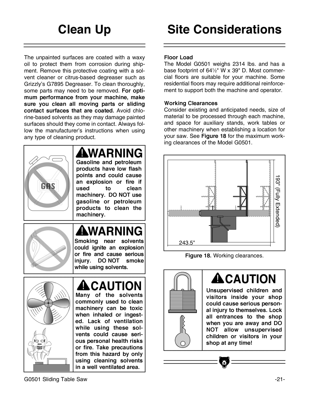 Grizzly G0501 instruction manual Clean Up Site Considerations, Working Clearances 