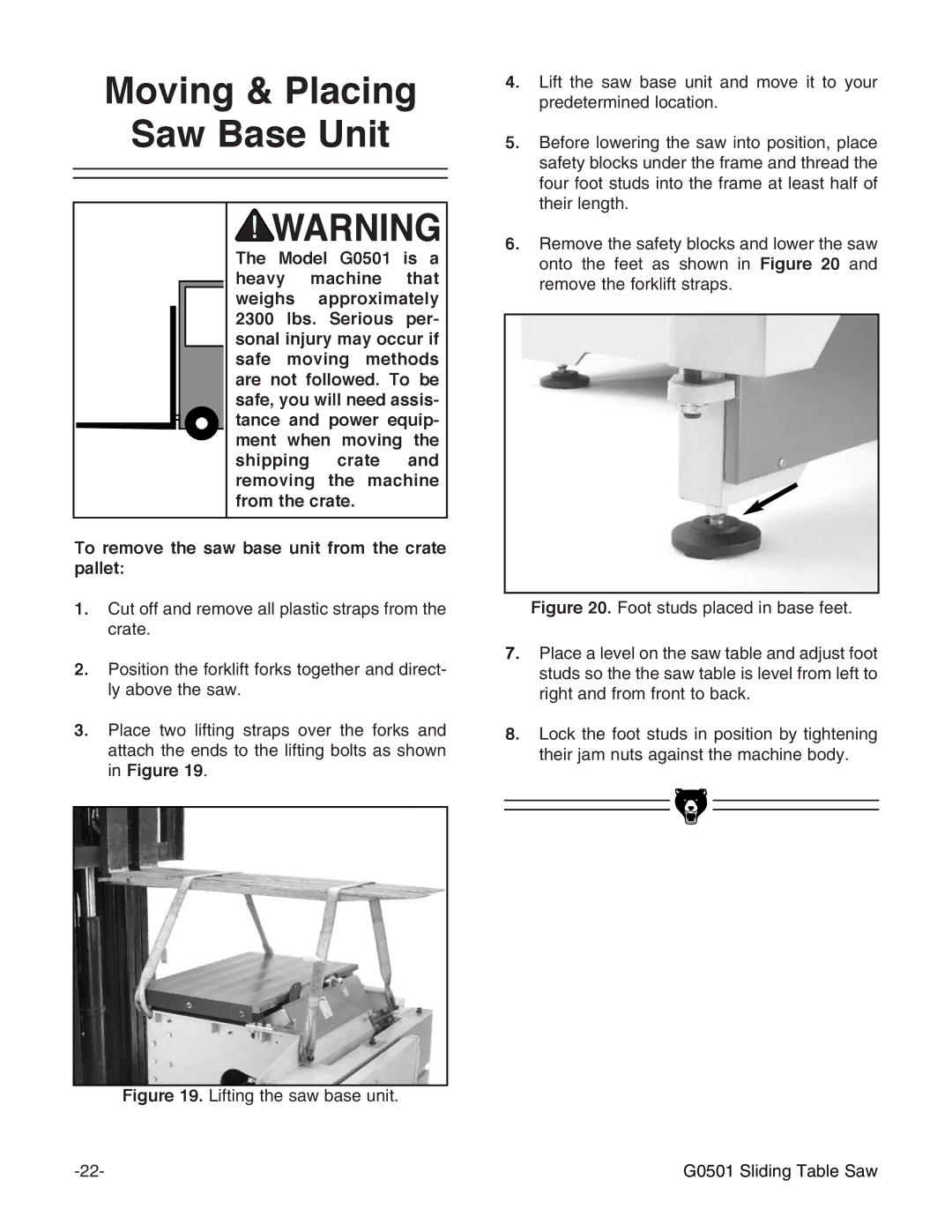 Grizzly G0501 instruction manual Moving & Placing Saw Base Unit 