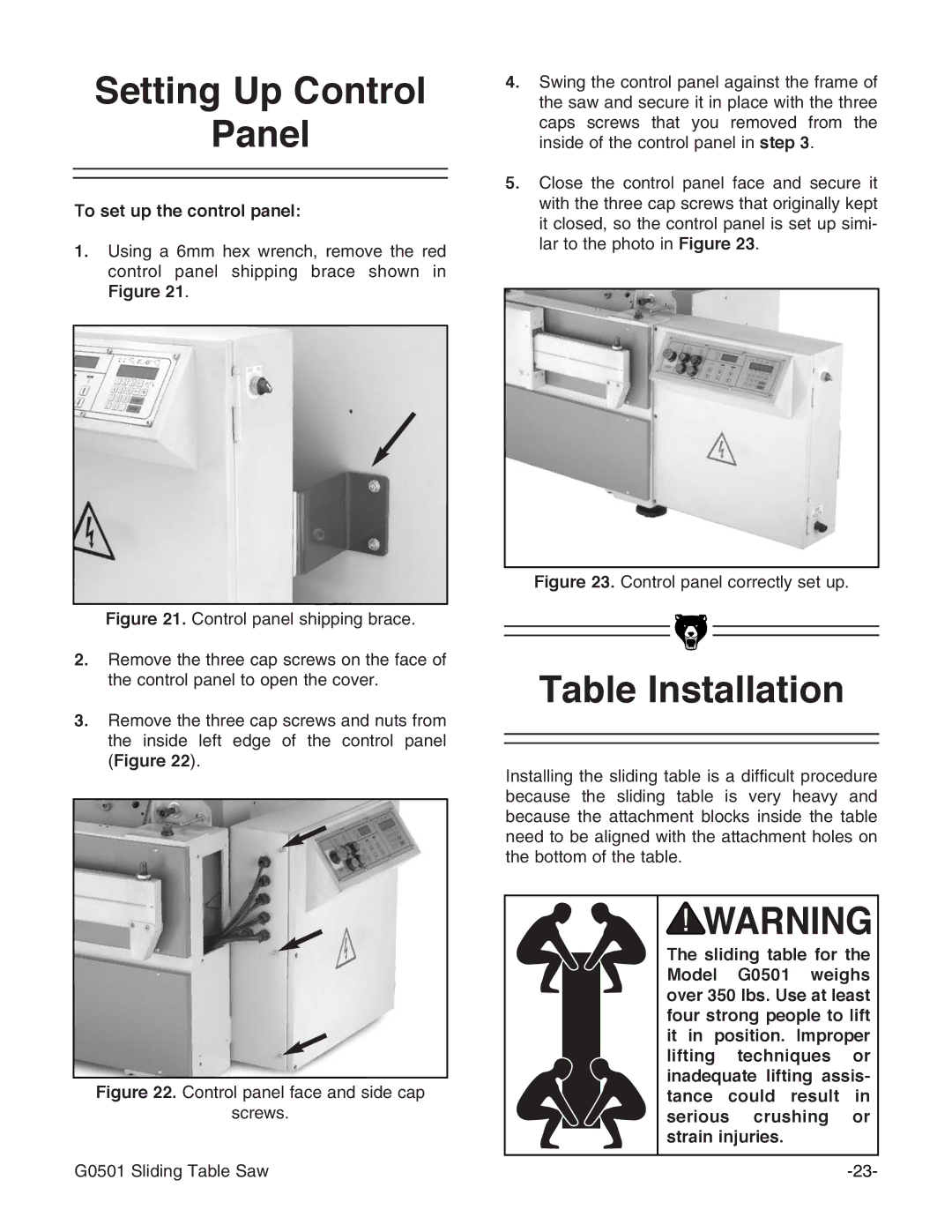 Grizzly G0501 instruction manual Table Installation, Control panel correctly set up 