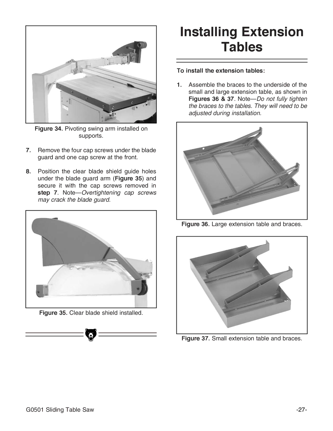 Grizzly G0501 instruction manual Installing Extension Tables, To install the extension tables 