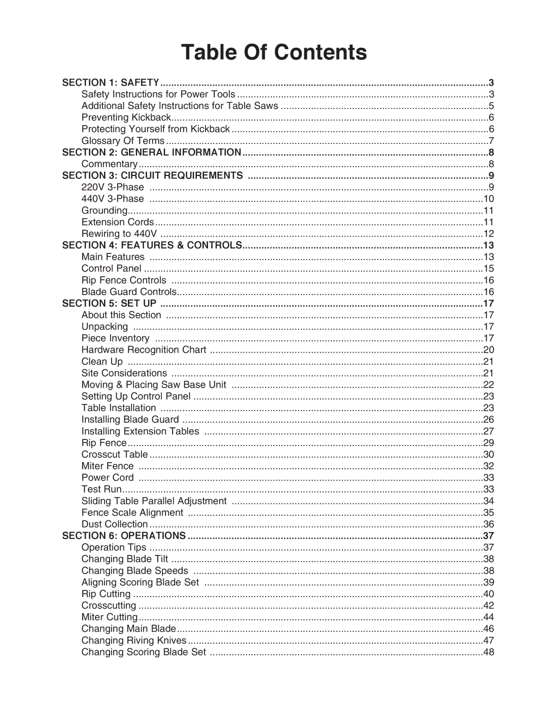 Grizzly G0501 instruction manual Table Of Contents 