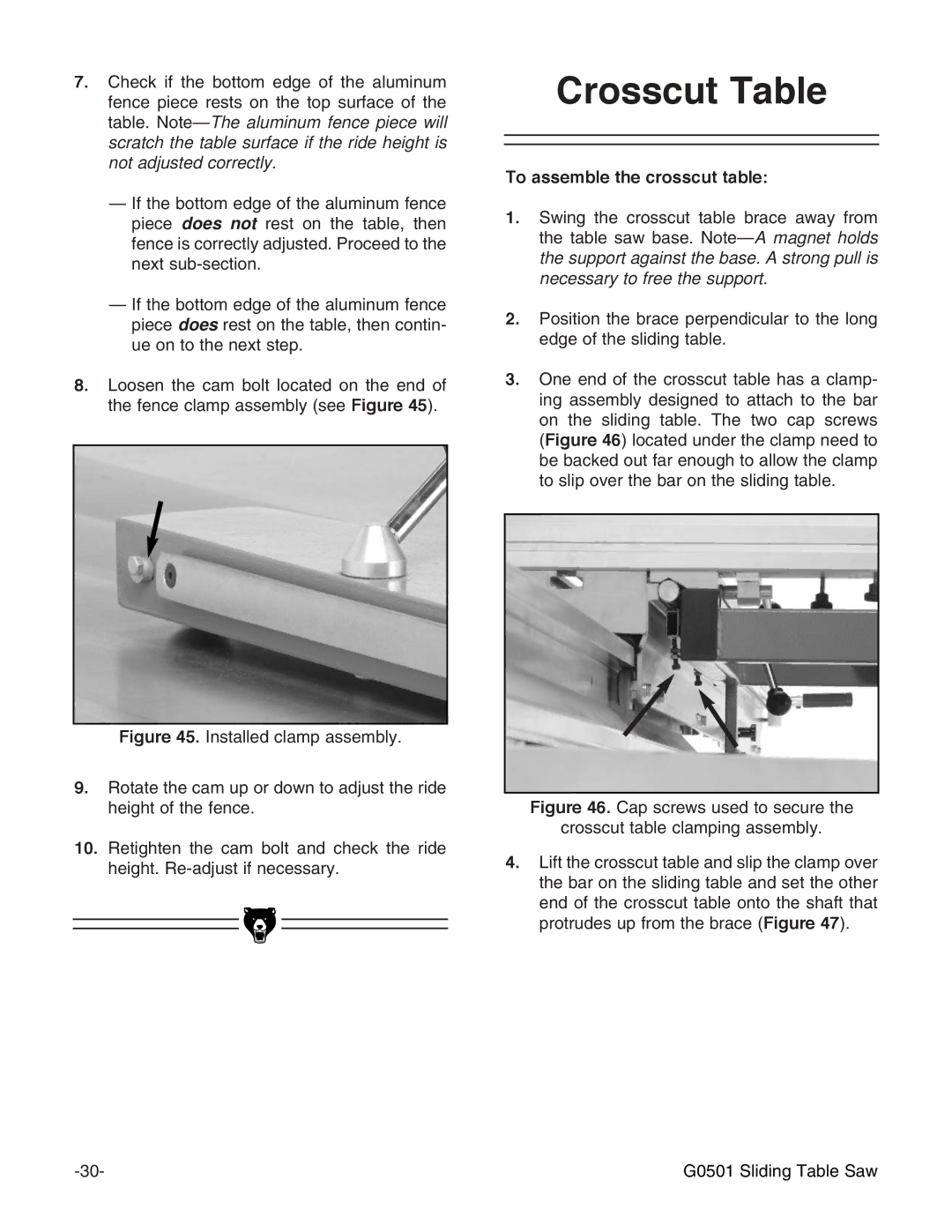 Grizzly G0501 instruction manual Crosscut Table, To assemble the crosscut table 