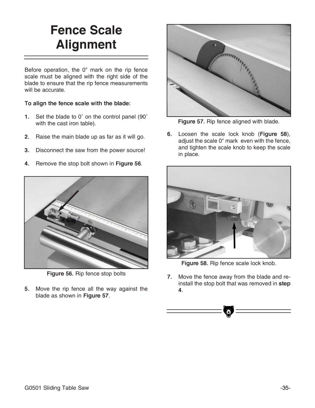 Grizzly G0501 instruction manual Fence Scale Alignment, To align the fence scale with the blade 