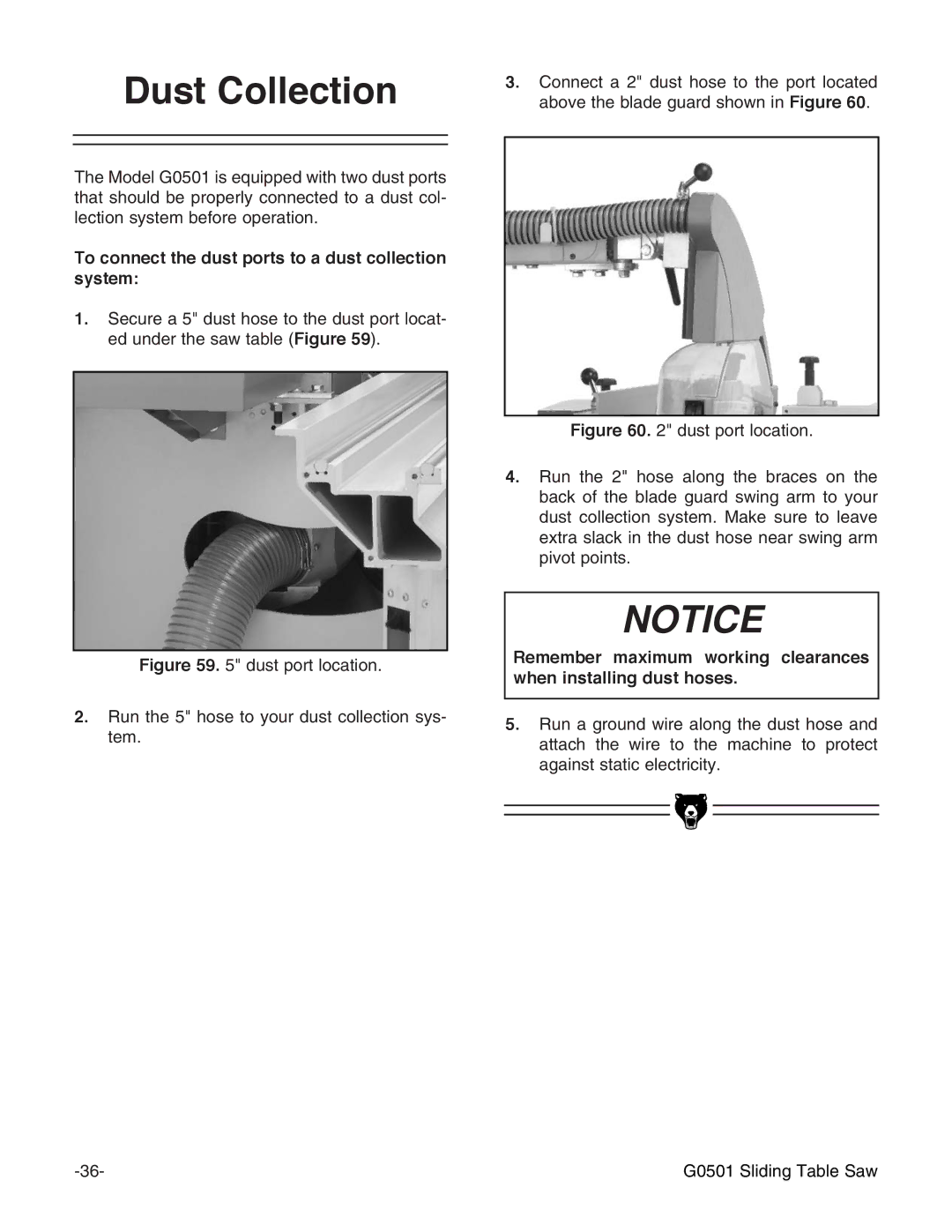 Grizzly G0501 instruction manual Dust Collection, To connect the dust ports to a dust collection system 