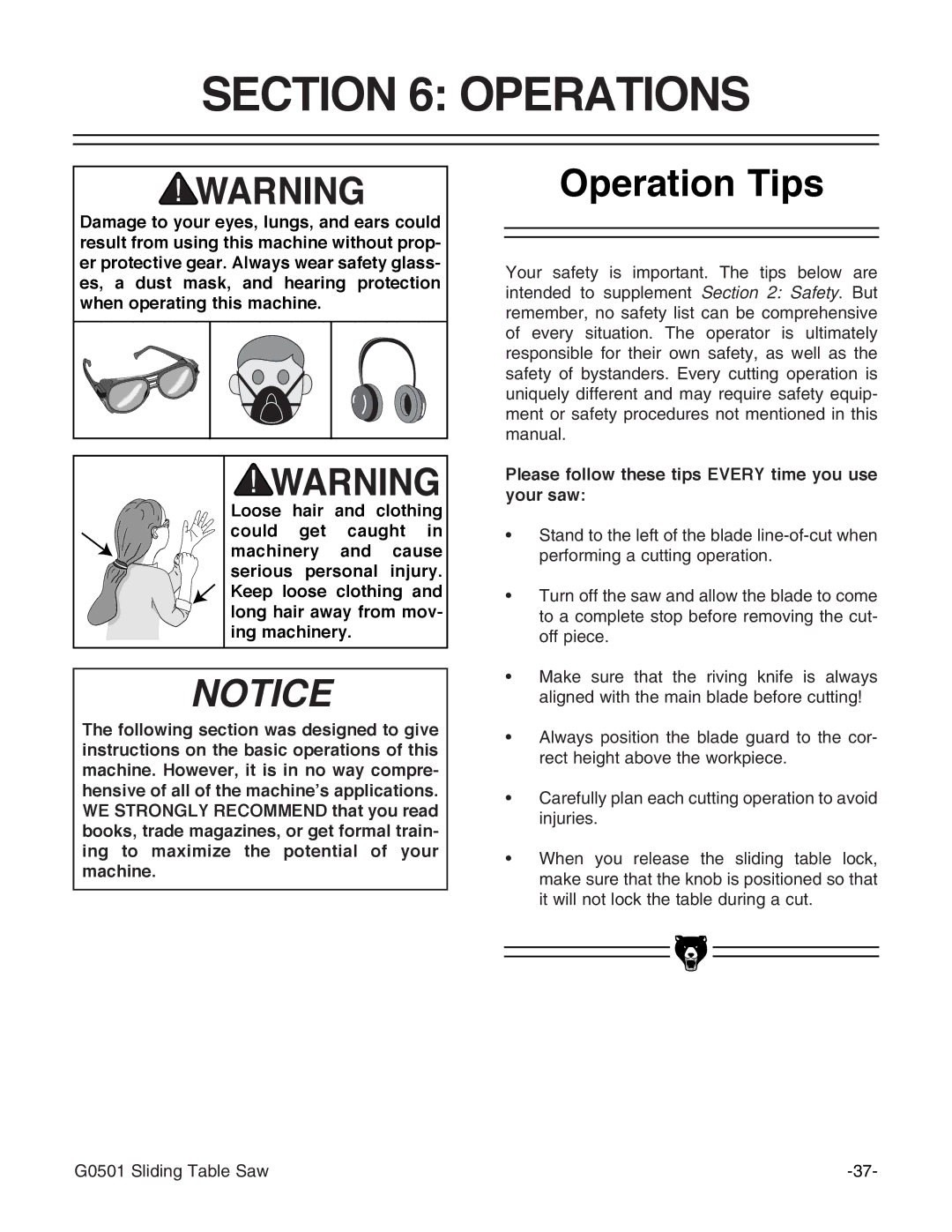 Grizzly G0501 instruction manual Operations, Operation Tips, Please follow these tips Every time you use your saw 